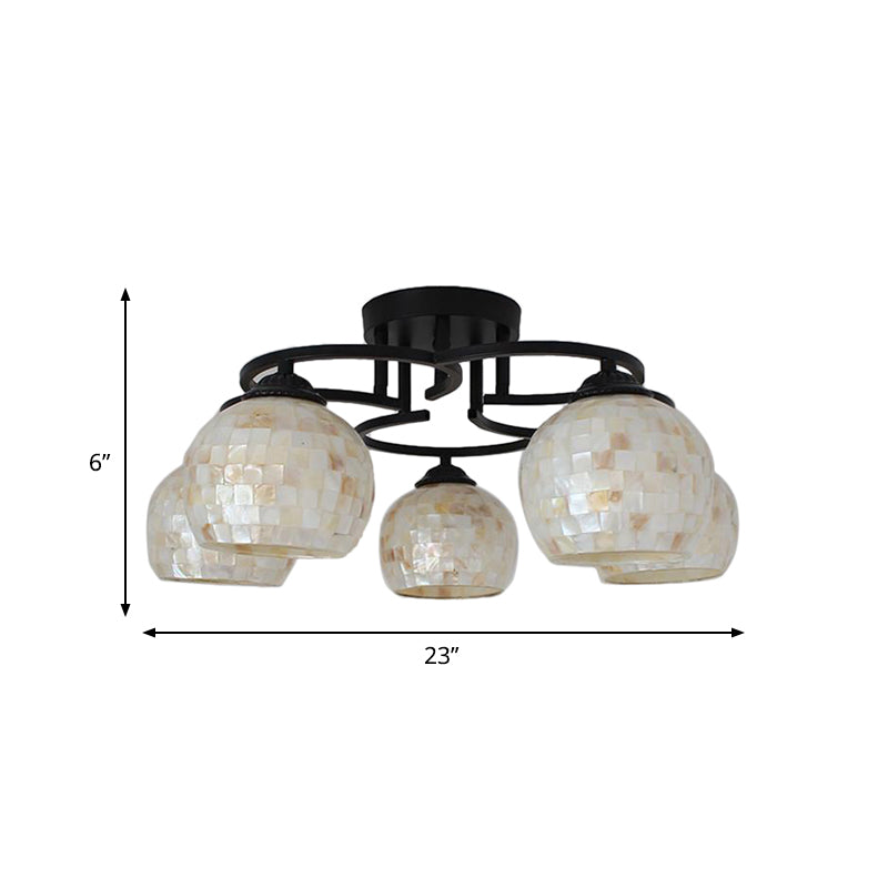 5 Lights Kitchen Semi Flush Light Tiffany Beige/White Ceiling Lamp with Dome Shell Shade for Kitchen