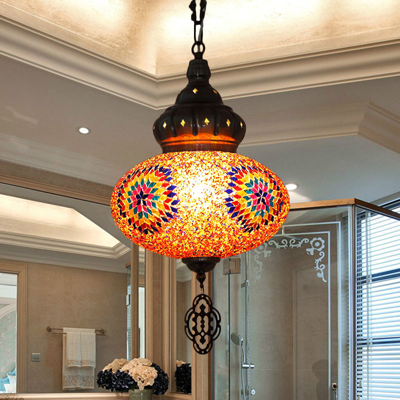 Oval Cut Glass Suspension Light Turkish 1 Bulb Restaurant Pendant Lamp in Orange