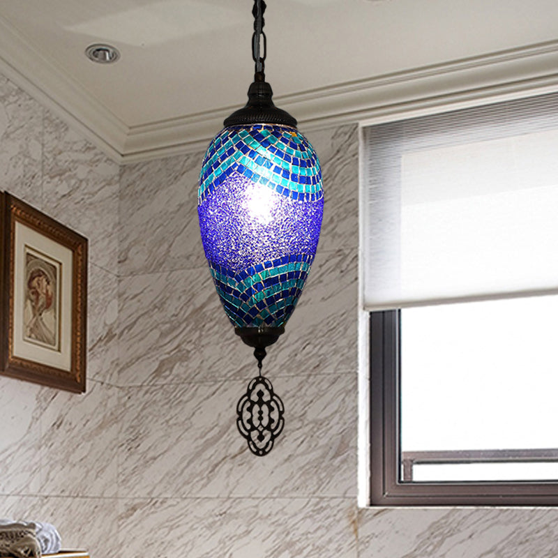 Lámpara colgante de gotas tradicional 1 Cabeza de vidrio manchado Luz de techo en azul y púrpura