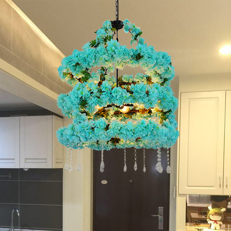 Blue 5 Heads Chandelier Lighting Vintage Metal Flower LED Suspension Pendant with Crystal Accent