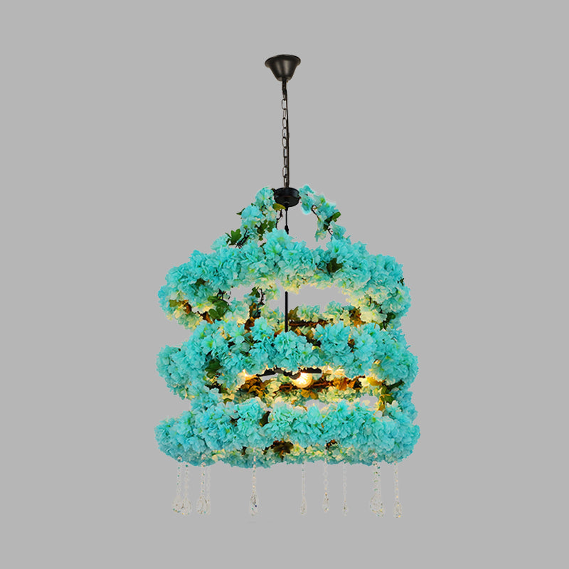 Blue 5 Heads Chandelier Lighting Vintage Metal Flower LED Suspension Pendant with Crystal Accent