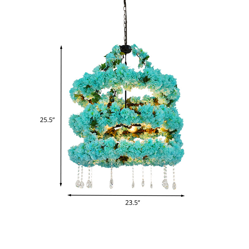 Blue 5 Heads Chandelier Lighting Vintage Metal Flower LED Suspension Pendant with Crystal Accent