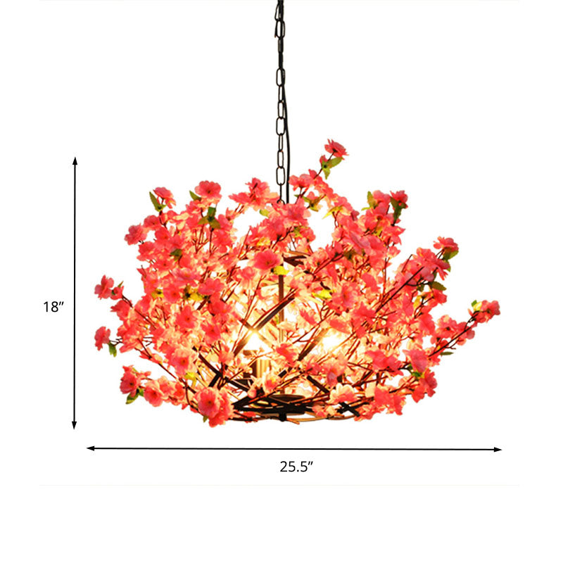 Industrial Peach Blossom Chandelier Light 3 Lights LED Metal Pendant Lamp in Pink for Restaurant