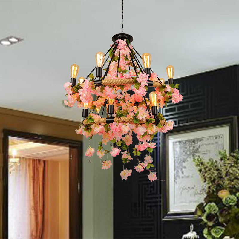 Pink 2 Tiers lampadario a sospensione a sospensione industriale Metal 14 Heads ristorante lampada sospesa con fiore di ciliegio