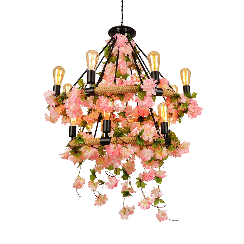 Pink 2 Tiers Chandelier Pendant Light Industrial Metal 14 Heads Restaurant la lampe suspendue avec des cerisiers en fleur de cerisier