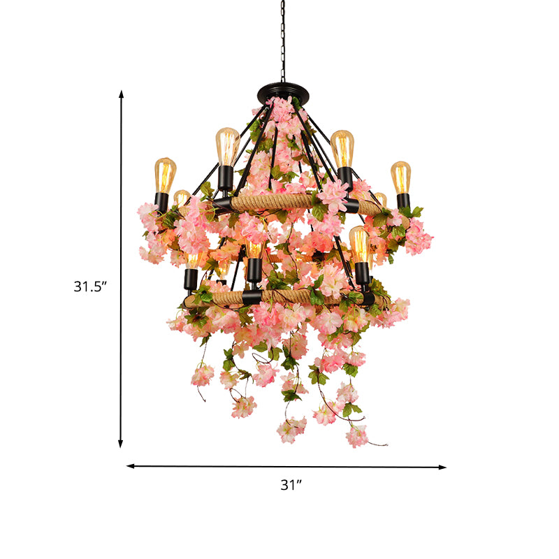 Pink 2 Tiers Chandelier Pendant Light Industrial Metal 14 Heads Restaurant la lampe suspendue avec des cerisiers en fleur de cerisier