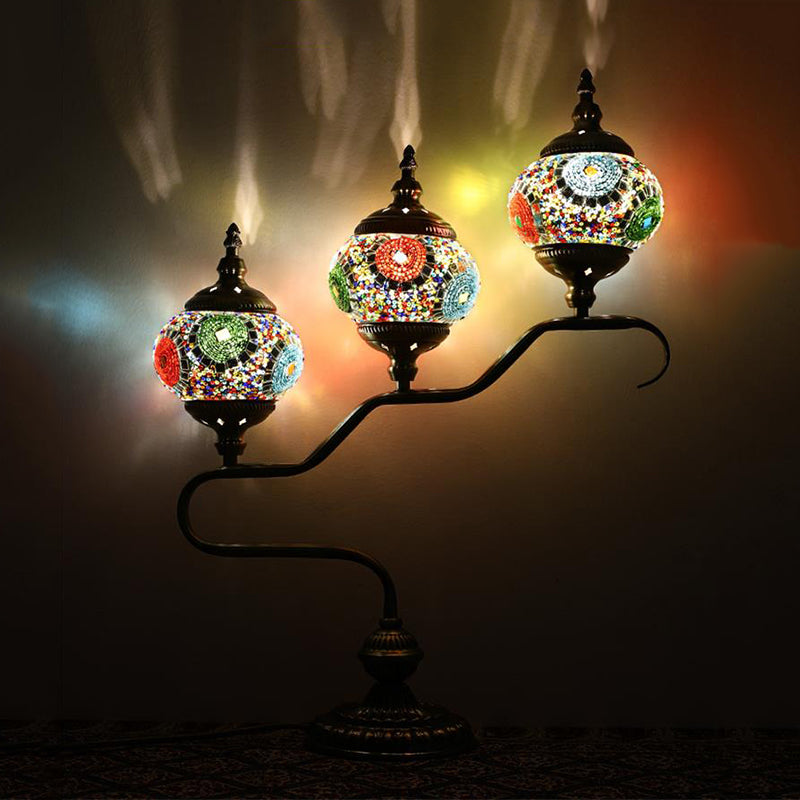 3 Heads Stained Glass Night Light Mediterranean Red/Orange/Blue Tower Bedroom Table Lamp with Step Design