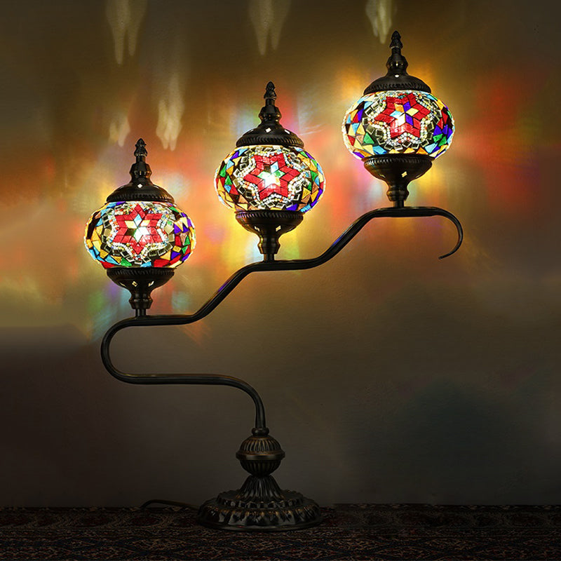 3 Heads Stained Glass Night Light Mediterranean Red/Orange/Blue Tower Bedroom Table Lamp with Step Design