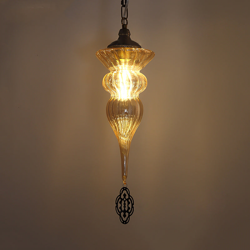 Lampe à chute d'urone vintage 1 tête Prismatic Amber Glass Pender Plafond Light en laiton pour le restaurant