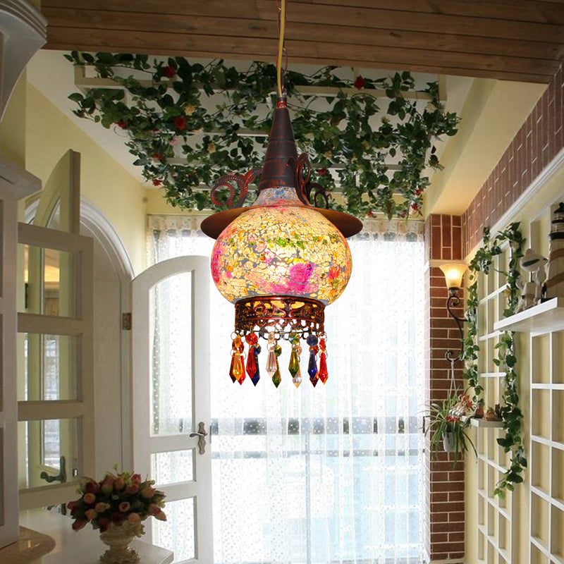 Lantaarn veranda hanglampje traditioneel gesneden glas 1 kop wit en rood/geel hangend plafondlicht