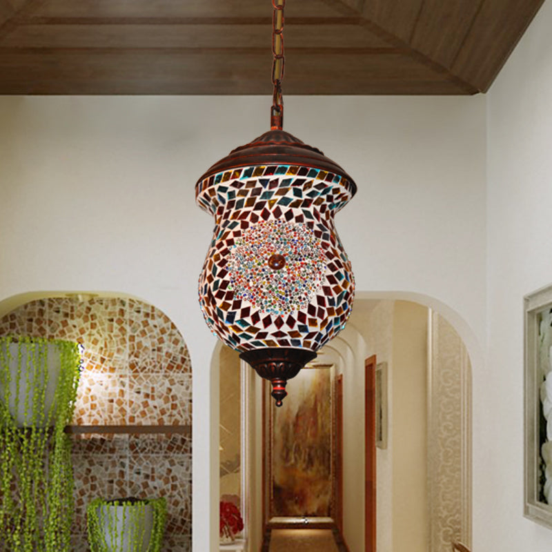 1 Kopf Urne Anhängerlampe Traditionelle Kupfer -Bunt -Kunstglashängeleuchte für Foyer