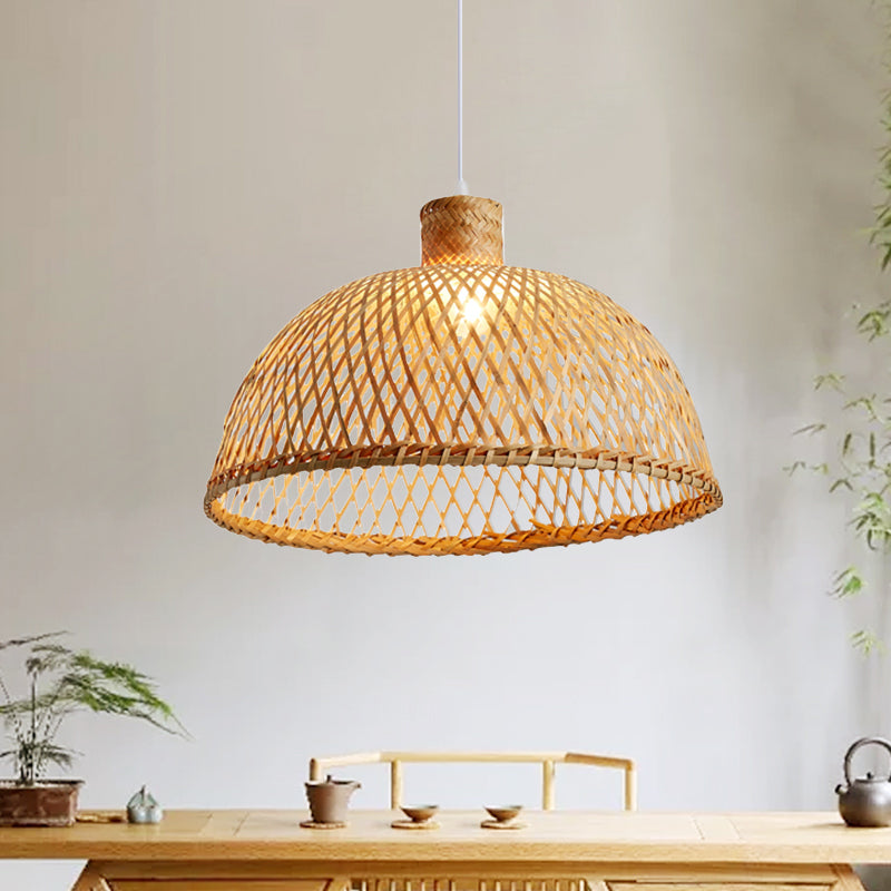 1 Bulb Tearoom Ceiling Lamp Asian Wood Hanging Pendant Light with Dome Bamboo Shade