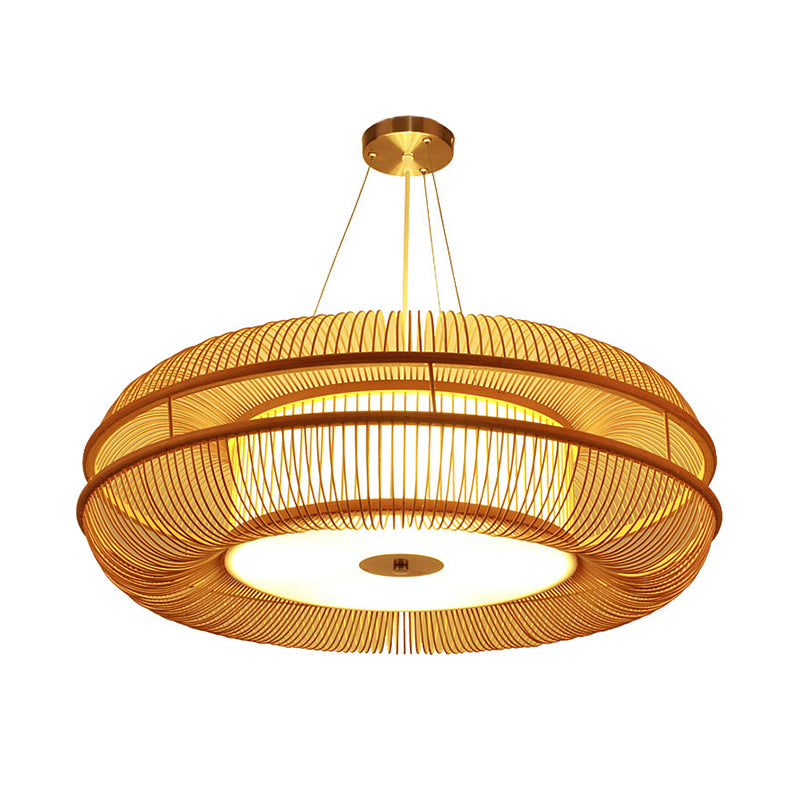 Dunut Pendant Lamp Chinese Bamboo 1 Bulb Beige Hanging Ceiling Light, 25.5"/31.5" Shade