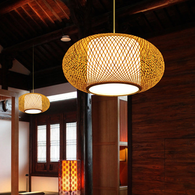 Curved Drum Pendant Lamp Asian Bamboo 1 Bulb Beige Hanging Ceiling Light, 16"/19.5" Wide