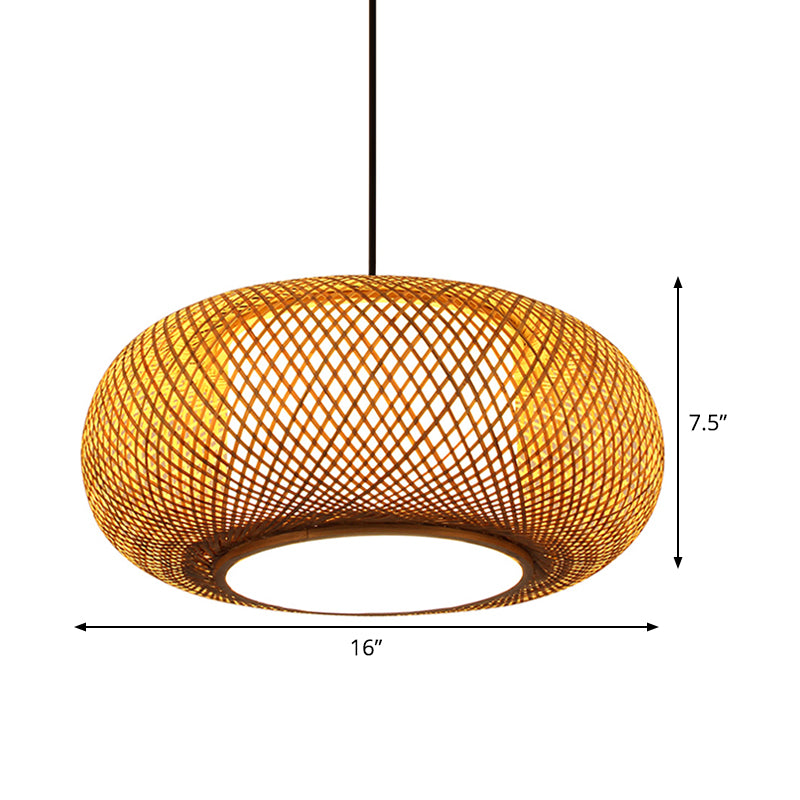 Curved Drum Pendant Lamp Asian Bamboo 1 Bulb Beige Hanging Ceiling Light, 16"/19.5" Wide