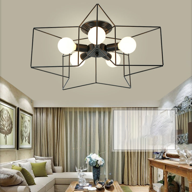 Black Star Semi Flush Mount in Industrial Retro Style Wrought Iron 5-Light Ceiling Light