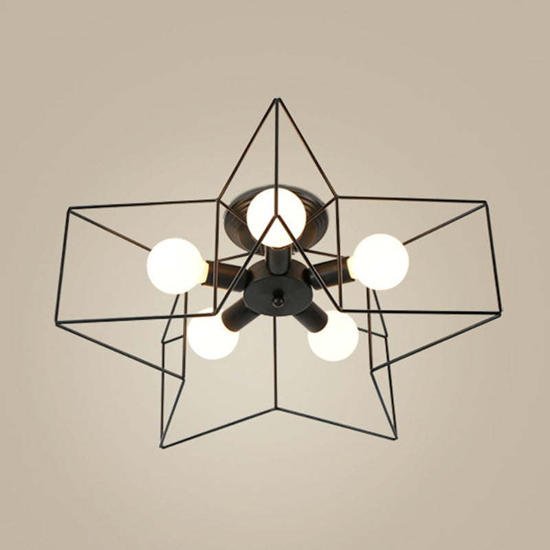 Black Star Semi Flush Mount in Industrial Retro Style Wrought Iron 5-Light Ceiling Light