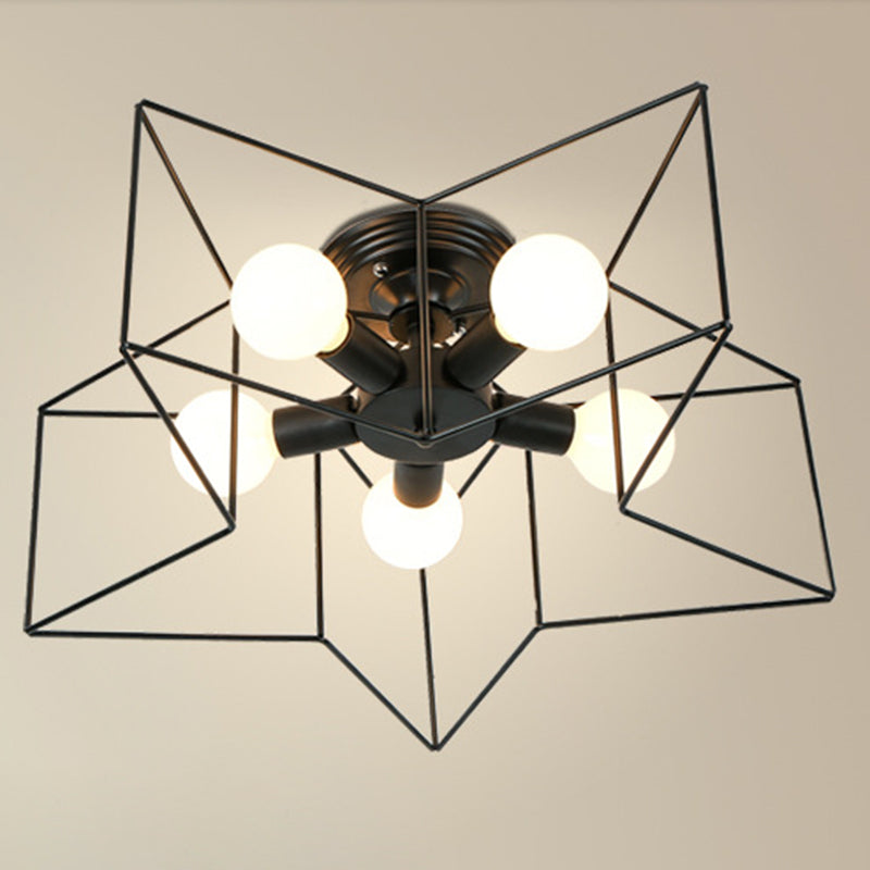 Black Star Semi Flush Mount in Industrial Retro Style Wrought Iron 5-Light Ceiling Light