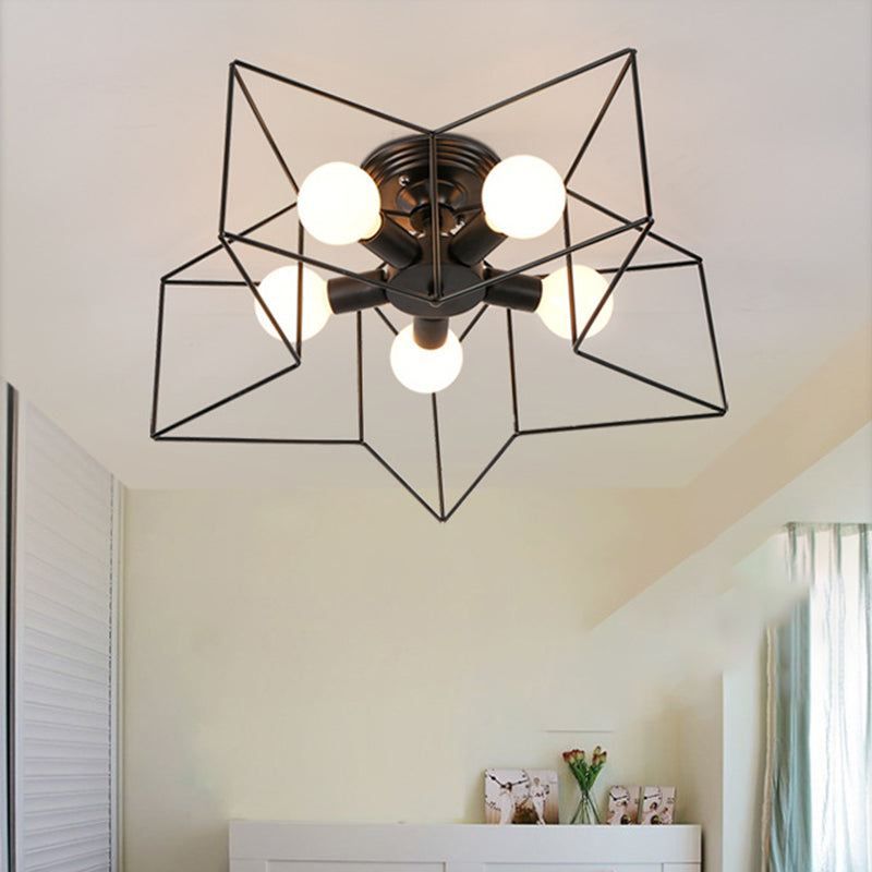 Black Star Semi Flush Mount in Industrial Retro Style Wrought Iron 5-Light Ceiling Light