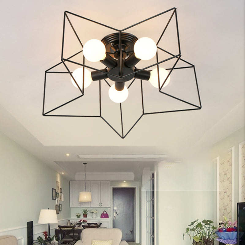 Black Star Semi Flush Mount in Industrial Retro Style Wrought Iron 5-Light Ceiling Light