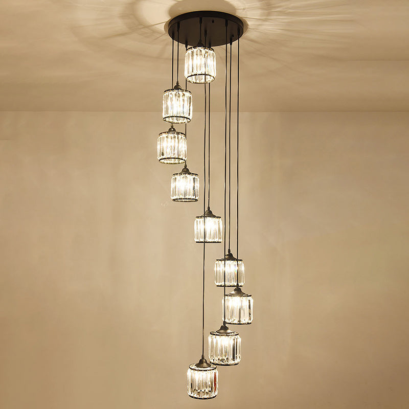 Crystal Black Pendant Light in Modern Luxury Style Iron Cylindroid Hanging Lamp for Interior Spaces