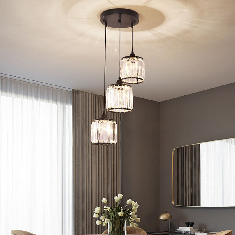 Crystal Black Pendant Light in Modern Luxury Style Iron Cylindroid Hanging Lamp for Interior Spaces