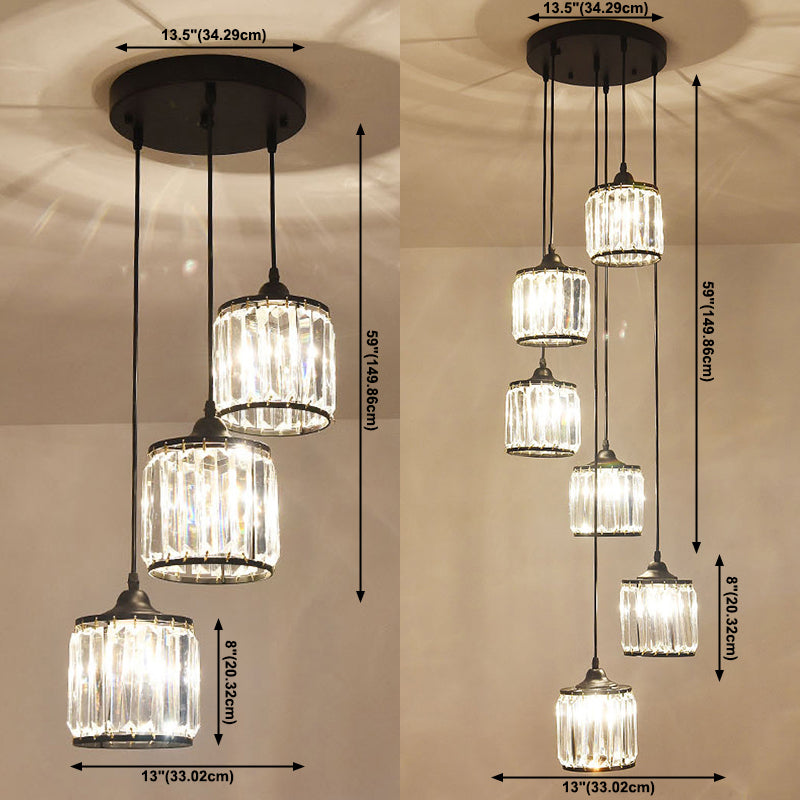 Crystal Black Pendant Light in Modern Luxury Style Iron Cylindroid Hanging Lamp for Interior Spaces