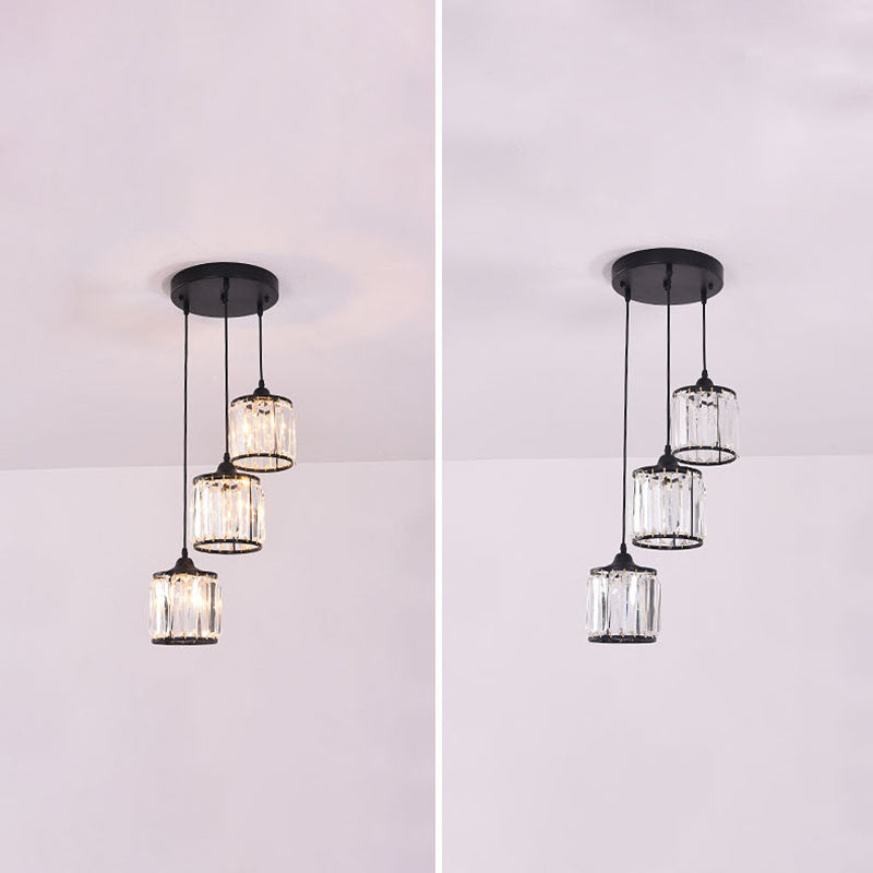 Crystal Black Pendant Light in Modern Luxury Style Iron Cylindroid Hanging Lamp for Interior Spaces