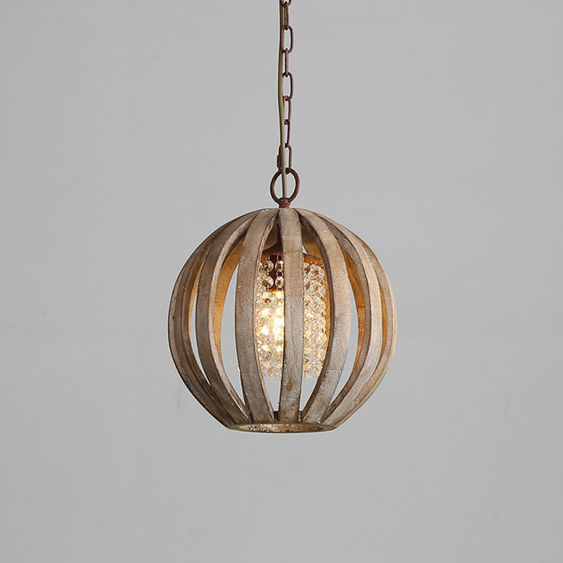 Wooden Globe Pendant Lamp Vintage 1-Light Dining Room Hanging Light with Crystal Beading