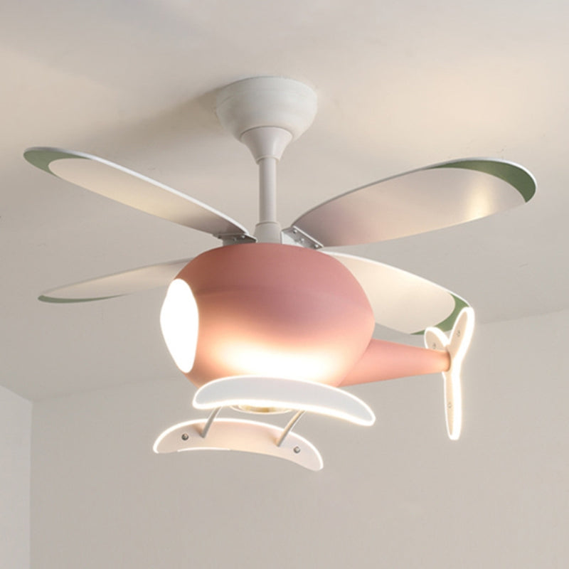 Wooden LED Fan Pendant in Kids Creative Style Iron Airplane Hanging Lamp with Acrylic Shade