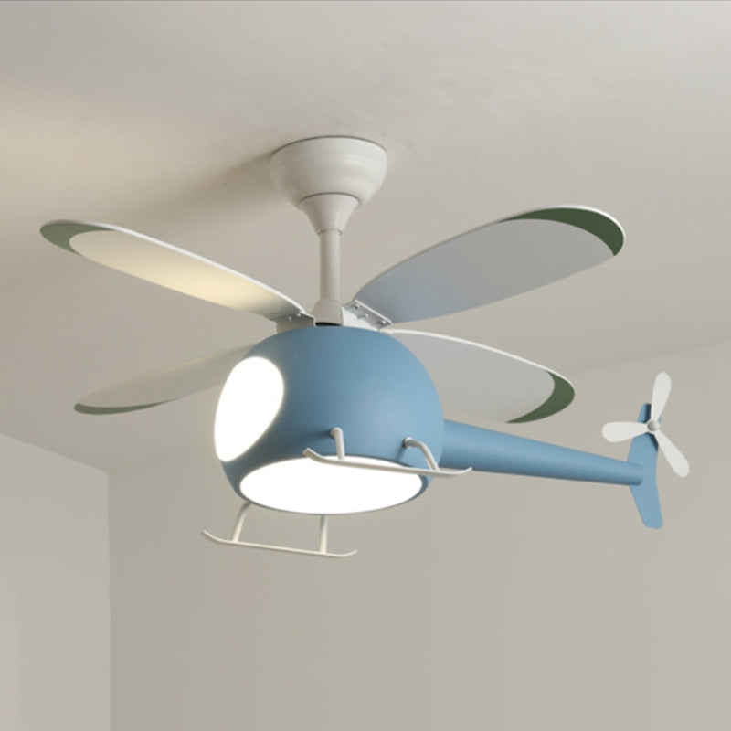 Wooden LED Fan Pendant in Kids Creative Style Iron Airplane Hanging Lamp with Acrylic Shade