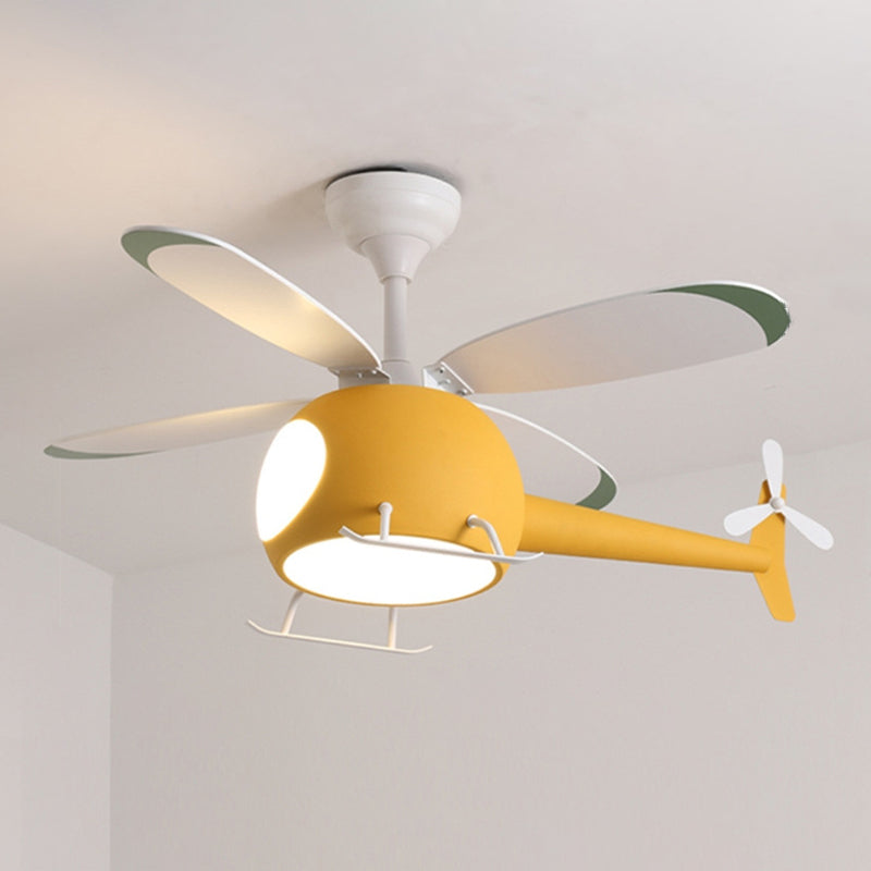 Wooden LED Fan Pendant in Kids Creative Style Iron Airplane Hanging Lamp with Acrylic Shade