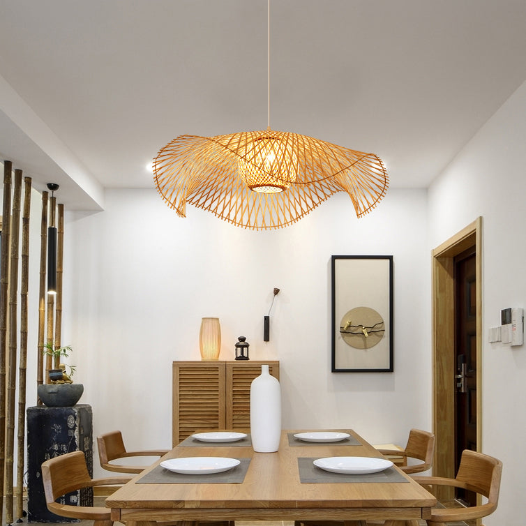 Beige Asia Pendulum Light Rattan 1-Light Hanging Ceiling Light for Dining Room