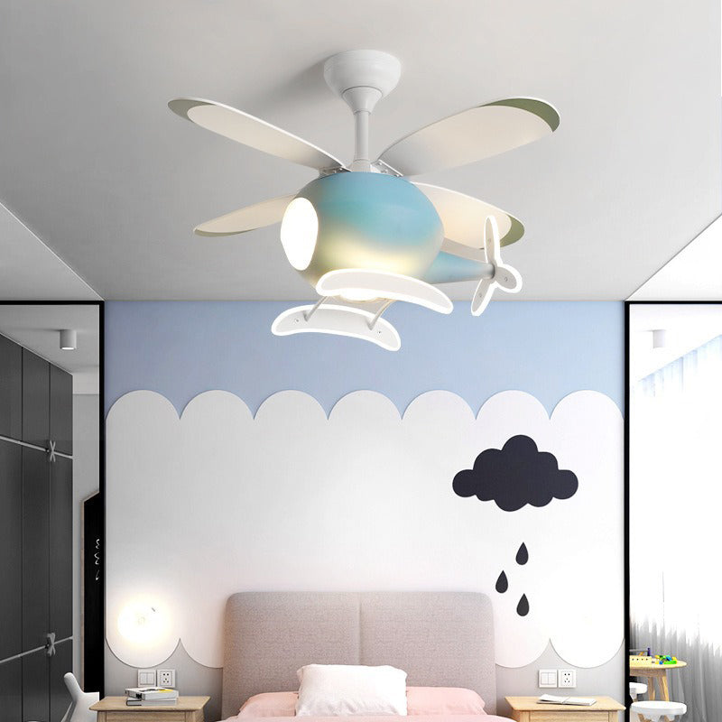 Kids Unique LED Indoor Hanging Lamp Lacquered Iron Airplane Fan Pendant Light with Acrylic Shade