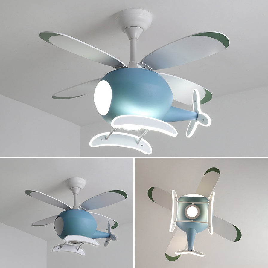 Kids Unique LED Indoor Hanging Lamp Lacquered Iron Airplane Fan Pendant Light with Acrylic Shade