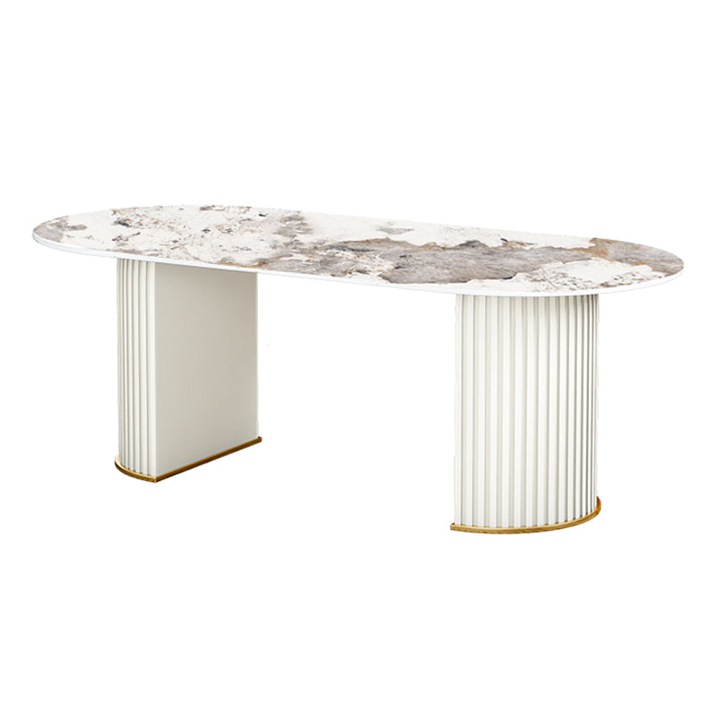 Contemporary Oval Dining Table Sintered Stone Dining Table with Double Pedestal for Dining Room