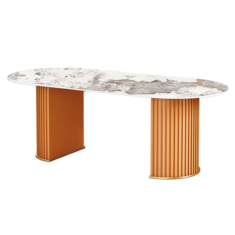 Contemporary Oval Dining Table Sintered Stone Dining Table with Double Pedestal for Dining Room