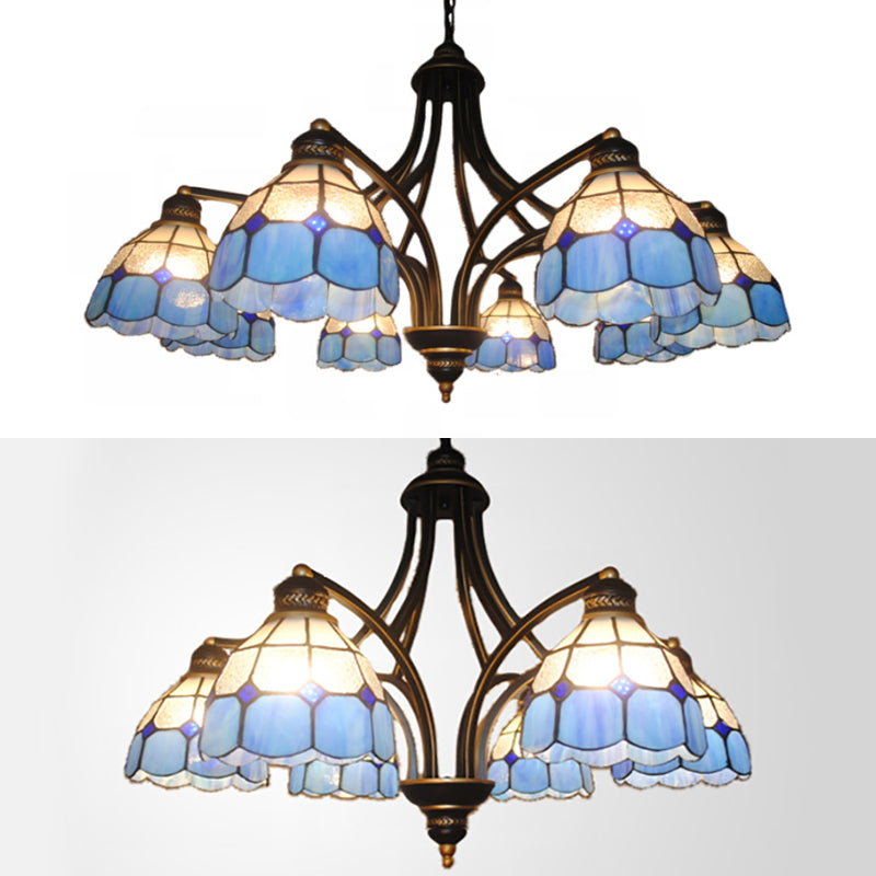 Blue Glass Semi Globe Chandelier with Metal Chain 6/8 Lights Tiffany Pendant Lighting for Bedroom