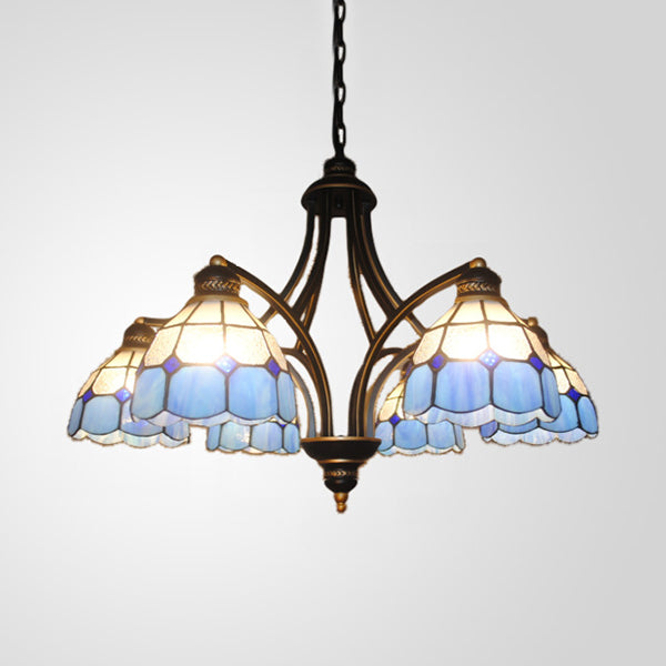 Blue Glass Semi Globe Chandelier with Metal Chain 6/8 Lights Tiffany Pendant Lighting for Bedroom