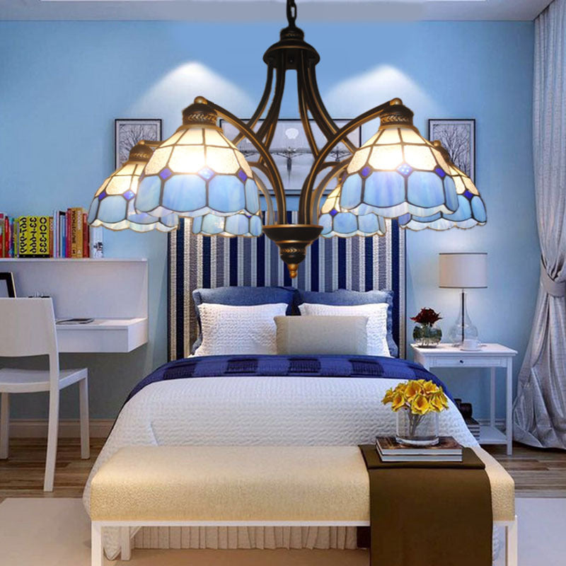 Blue Glass Semi Globe Chandelier with Metal Chain 6/8 Lights Tiffany Pendant Lighting for Bedroom