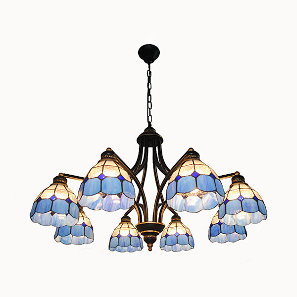 Blue Glass Semi Globe Chandelier with Metal Chain 6/8 Lights Tiffany Pendant Lighting for Bedroom