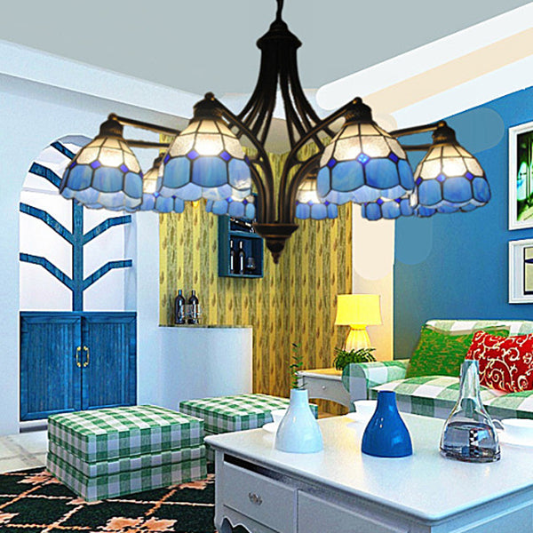 Blue Glass Semi Globe Chandelier with Metal Chain 6/8 Lights Tiffany Pendant Lighting for Bedroom