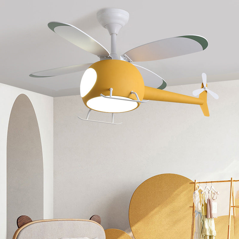 Acrylic LED Hanging Lamp in Kids Creative Style Iron Airplane Fan Pendant Light with Wooden Lamina