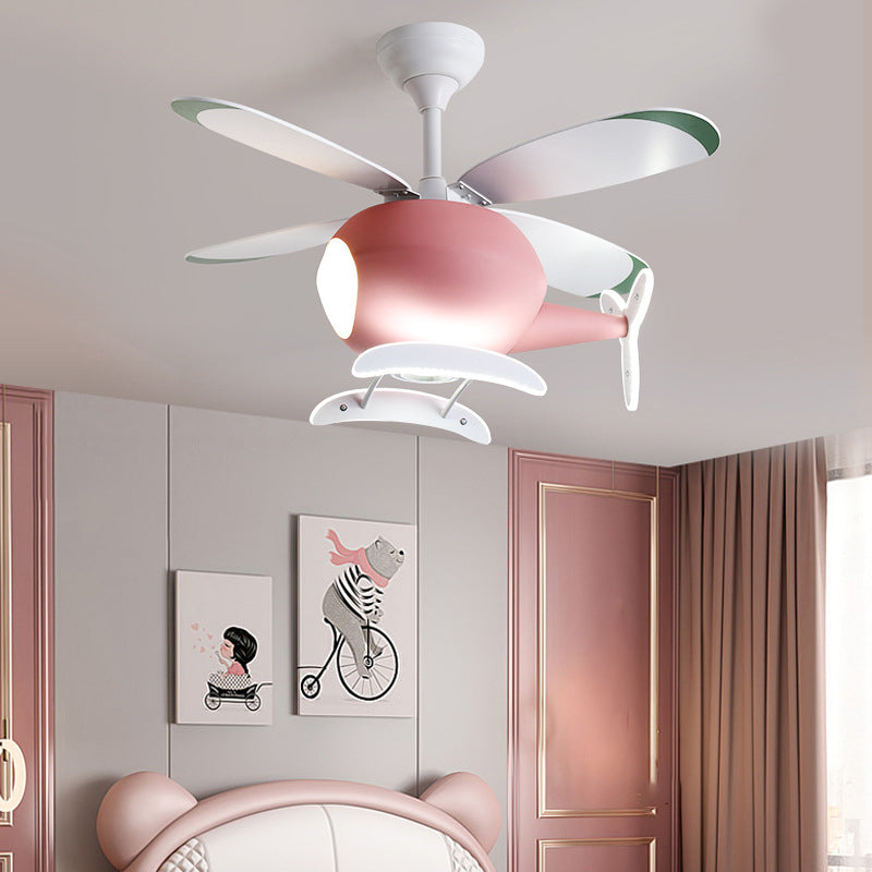 Acrylic LED Hanging Lamp in Kids Creative Style Iron Airplane Fan Pendant Light with Wooden Lamina