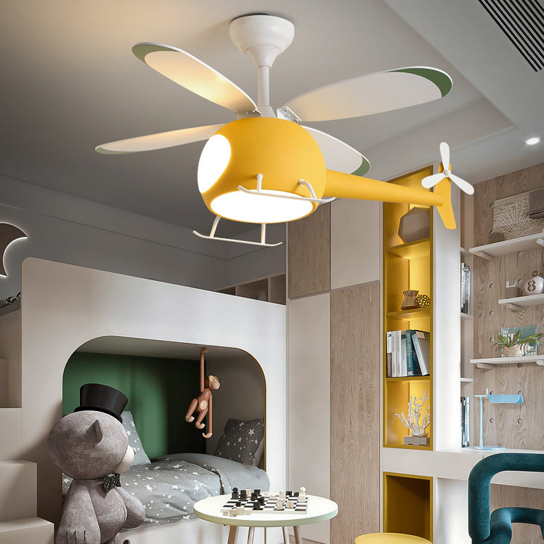 Acrylic LED Hanging Lamp in Kids Creative Style Iron Airplane Fan Pendant Light with Wooden Lamina