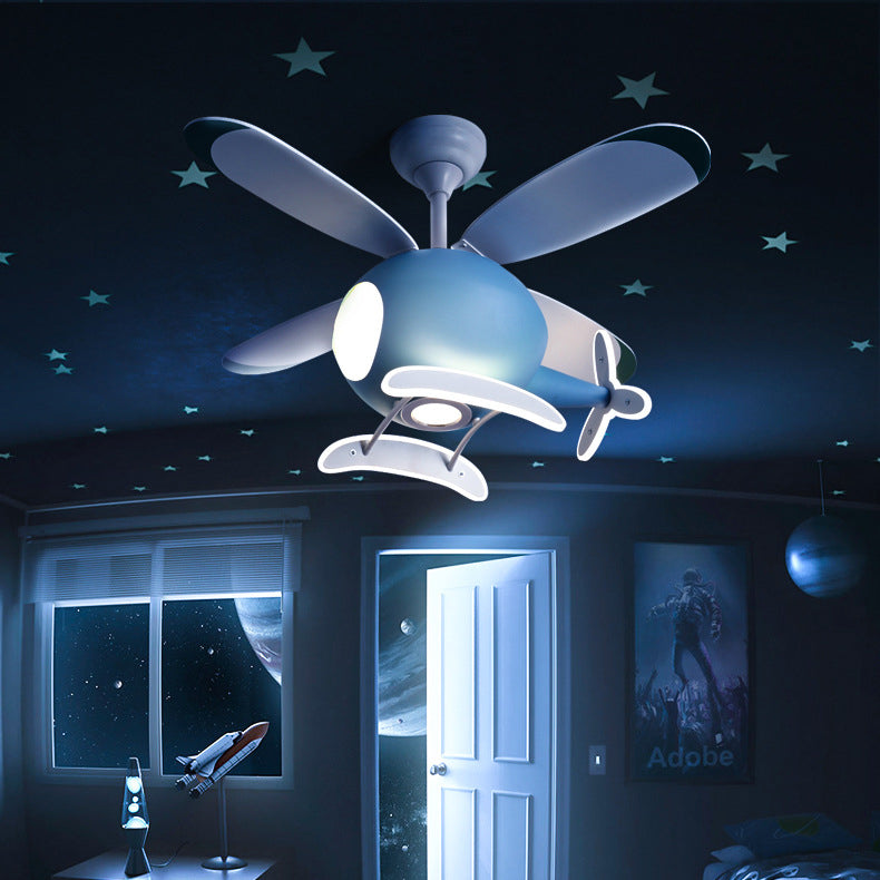 Acrylic LED Hanging Lamp in Kids Creative Style Iron Airplane Fan Pendant Light with Wooden Lamina