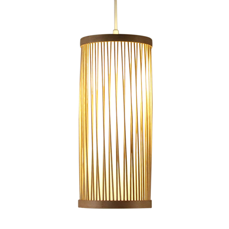 Asian 1 Head Pendant Lighting Wood Cylinder Hanging Ceiling Light with Bamboo Shade