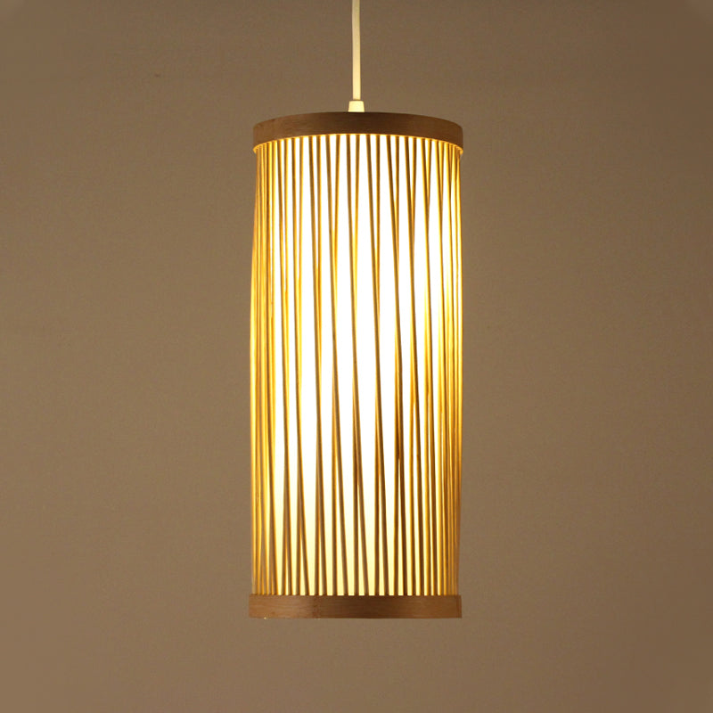 Asian 1 Head Pendant Lighting Wood Cylinder Hanging Ceiling Light with Bamboo Shade