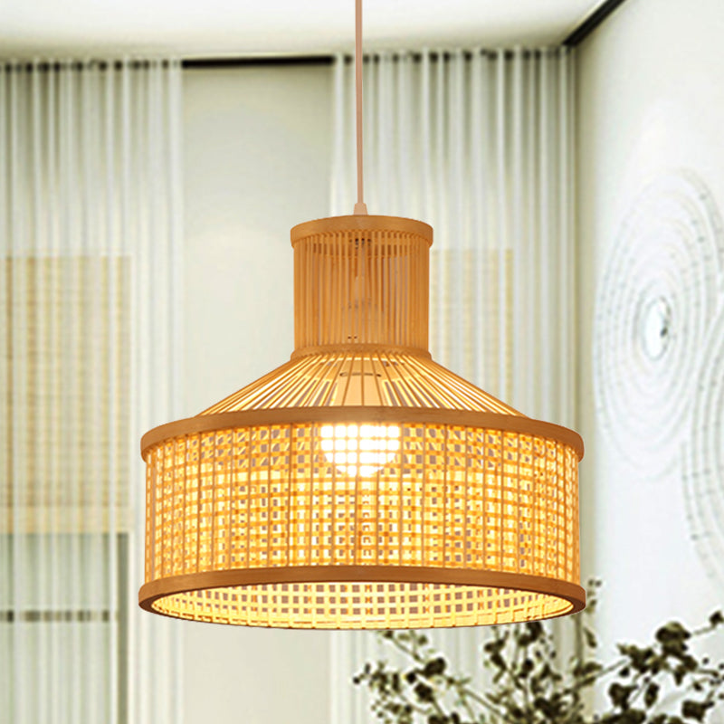 Lampada cinese 1 lampada a ciondolo bulbo beige intrecciata a mano sospesa con tonalità di bambù