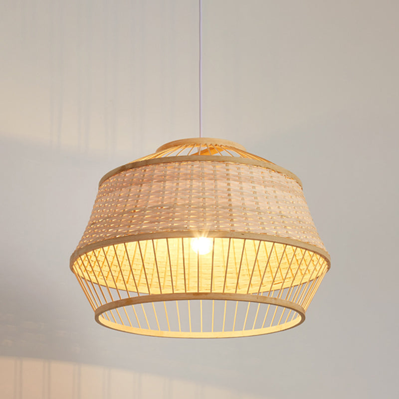 1 Head Handcrafted Pendant Lighting Japanese Bamboo Ceiling Suspension Lamp in Beige